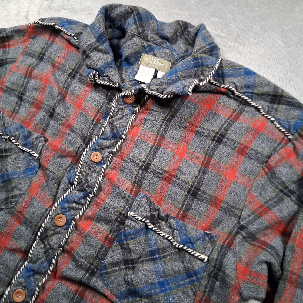 The Territory Ahead Shirt Mens Large Gray Plaid Flannel Rope Trim Pockets